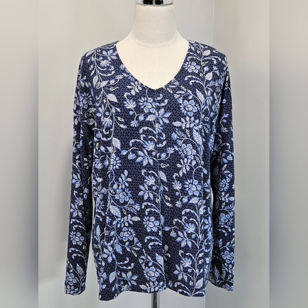 J Jill Pure Jill Eco‎ Terry Pullover V Neck Blue Floral Medium Ecovero Lenzing